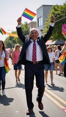 A joyful older African American male dances exuberantly during a summer parade while proudly displaying rainbow flags
