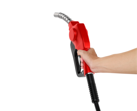 Hands holding Fuel red nozzle with hose, transparent background
