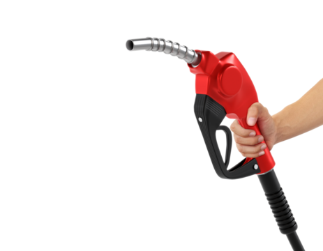 Hands holding Fuel red nozzle with hose, transparent background