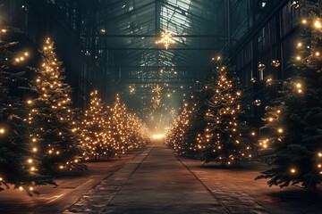 A large factory at night, surrounded by glowing Christmas trees with sparklers and radiant garlands, emitting a celestial, godlike light in a photorealistic, cinematic style.
