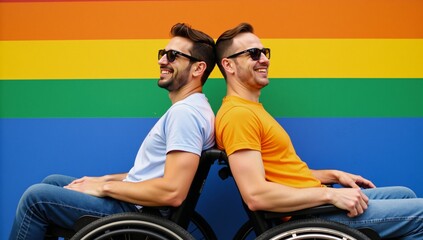 A portrait of an interracial gay couple enjoying pride day smiling and seated together on a rainbow-colored background in their casual attire and sunglasses
