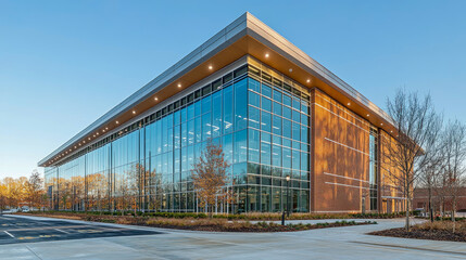 Obraz premium A sleek glass building showcases modern architecture in a suburban area, illuminated by early morning light and surrounded by trees
