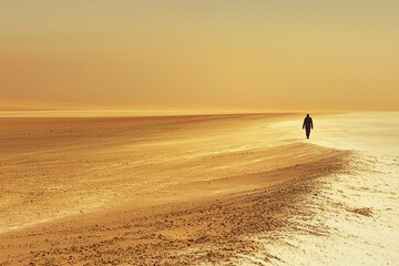 Obraz premium Solitary Journey: A Figure Walking on a Tranquil Golden Horizon
