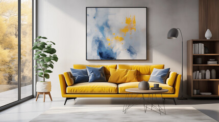 Mustard Yellow Velvet Sofa in Modern Living Room with Abstract Art