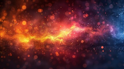 Colorful abstract background with vibrant lights and mystical patterns in shades of orange, red, and blue against a dark backdrop