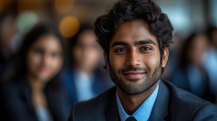 Fototapeta premium A young man with curly hair and a suit smiles warmly at the camera, while other professionals engage in conversation in a corporate environment