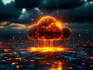 Fototapeta premium Fiery digital cloud raining data over futuristic city.