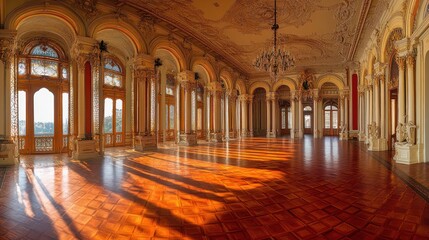 Obraz premium An elegant interior of a grand hall with ornate architecture and warm wooden flooring.