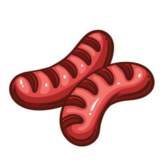 Grilled sausages for beer line icon. Outline hand drawn two hot cooked bratwurst for barbecue party, breakfast, lunch or dinner. BBQ menu, pub mascot, pair of sausages color icon vector illustration
