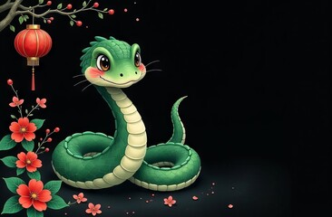 Fototapeta premium Watercolor christmas card with snake and flowers on black background, space for text