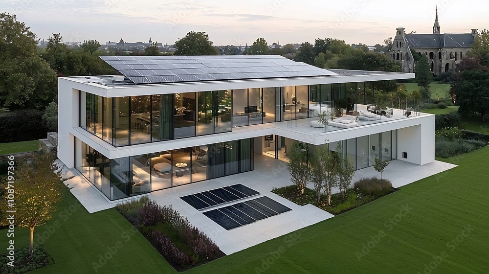 Poster luxurious solar powered modern home with extensive rooftop panel system and battery bank a state of 