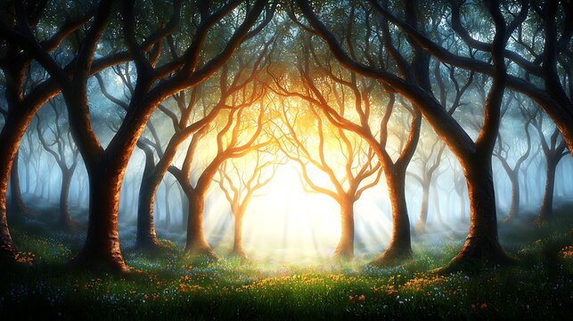 The enchanted forest is alive with shimmering trees that sway gently in the wind, their branches whispering secrets and ancient wisdom passed down through generations