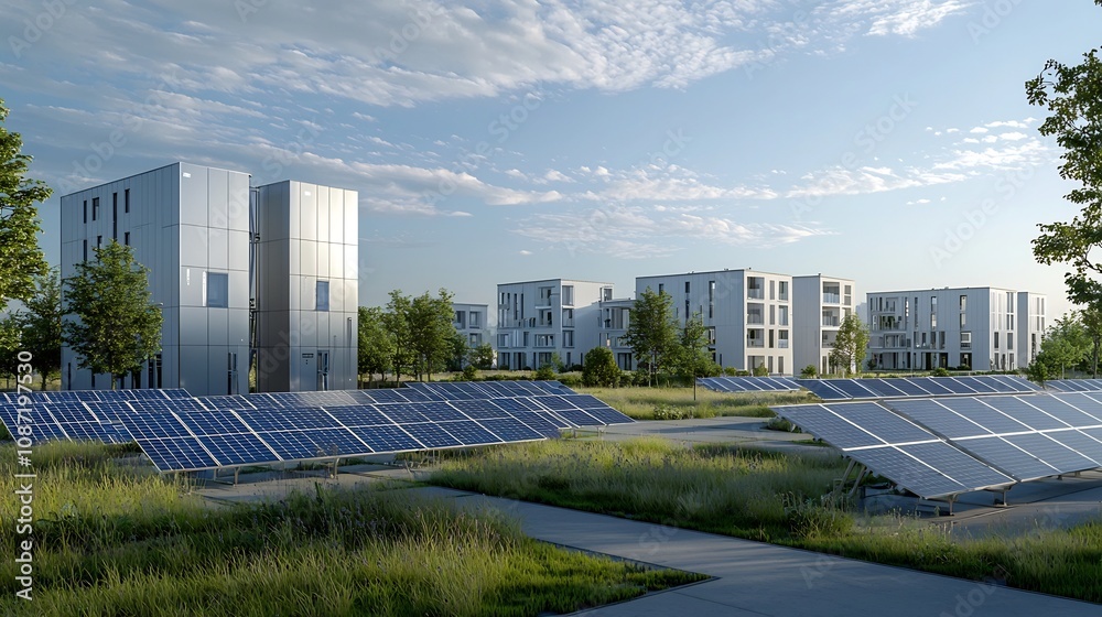 Poster Towering energy storage units with gleaming metallic surfaces surrounded by a neatly arranged solar panel field providing clean sustainable power for a residential neighborhood