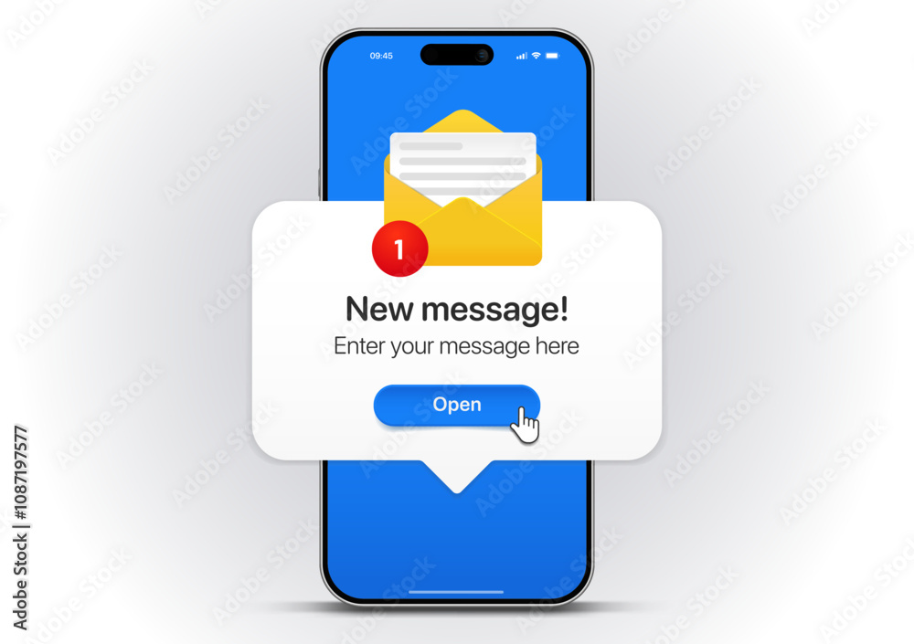 Aufkleber new message notification concept on realistic smartphone mockup. new email pop up. incoming, open me