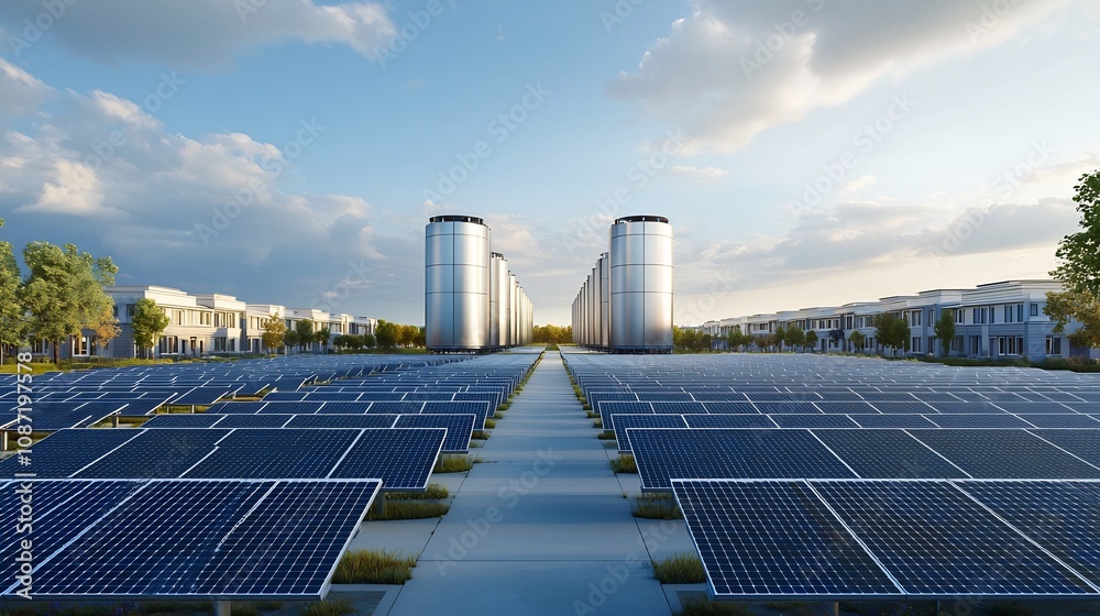 Leinwandbilder towering energy storage units with gleaming metallic surfaces surrounded by a neatly arranged solar 