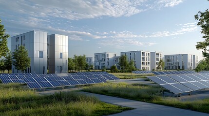 Towering energy storage units with gleaming metallic surfaces surrounded by a neatly arranged solar panel field providing clean sustainable power for a residential neighborhood