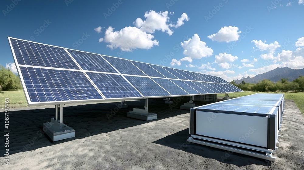 Poster expansive solar panel array powering a sleek contemporary home with a massive battery bank system in