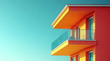 Brightly colored modern building with a balcony against a clear sky.