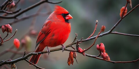 A striking red cardinal is perched on a branch with red leaves, radiating natural beauty and vivid color.