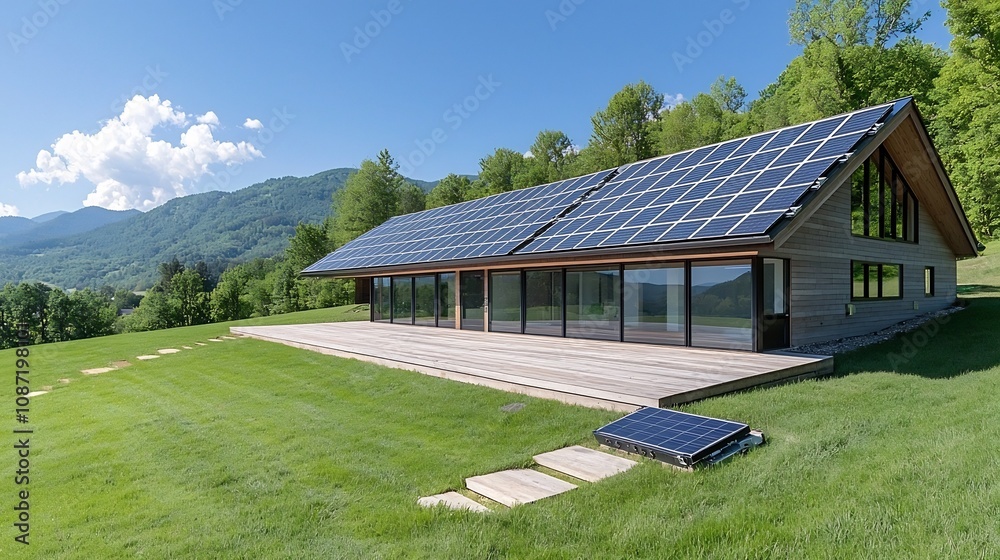 Poster Cutting Edge Sustainable Smart Home A Visually Striking Residence with Advanced Solar Array and Intelligent Battery Bank System to Optimize Renewable Energy Utilization