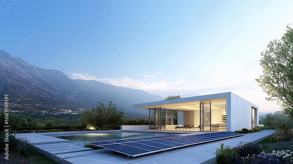 Poster Sustainable Architectural Masterpiece Blending Renewable Energy and Contemporary Design in a Striking Minimalist Building with a Sophisticated Solar Panel Array