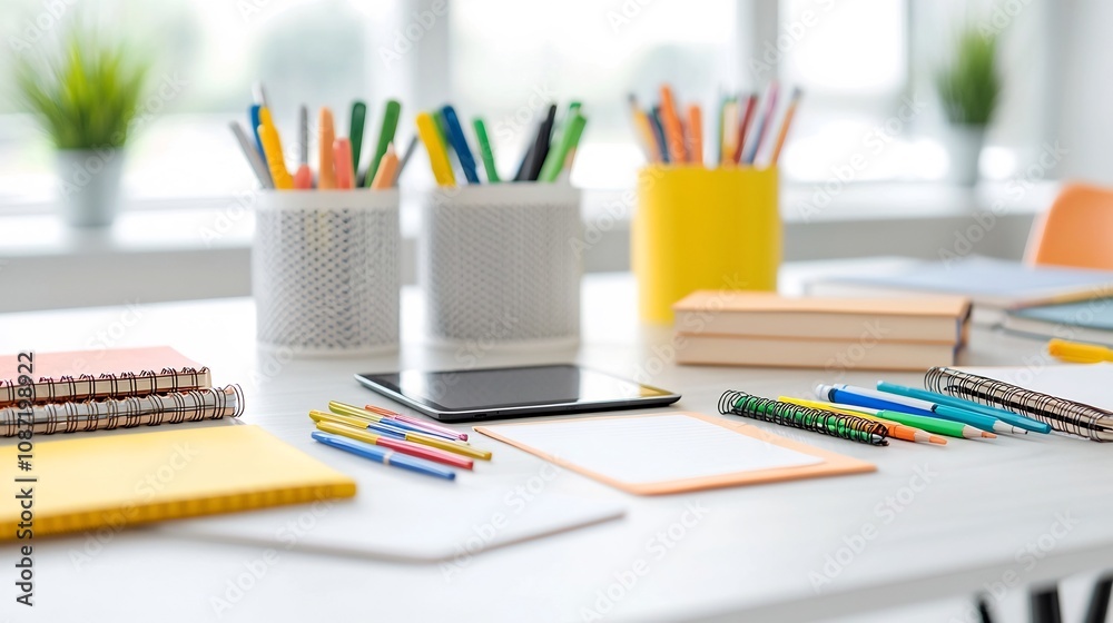 Poster Focused student studying with a digital tablet surrounded by an array of colorful pens notebooks and textbooks on a desk in a bright and airy classroom setting