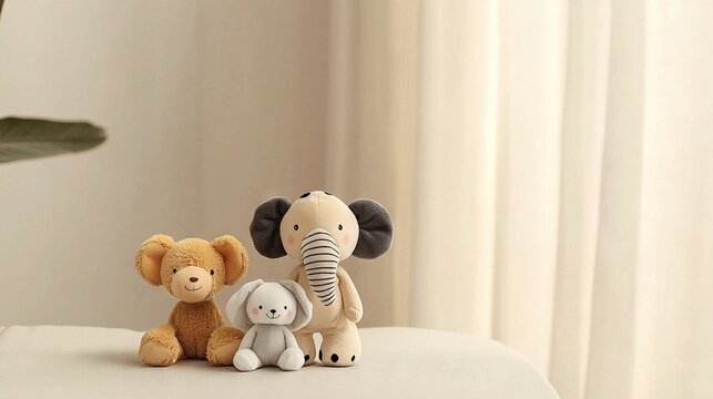   Three stuffed animals sit atop a white couch adjacent to a plant in a pristine room