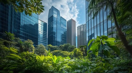 A modern city with skyscrapers and greenery, showcasing sustainable building practices. 