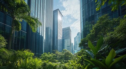 A modern city with skyscrapers and greenery, showcasing sustainable building practices. 