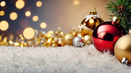red and golden christmas balls with christmas tree on snow. festival decorations