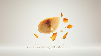 Fototapeta premium A mushroom is cut into pieces and displayed on a white surface as some fall off the top