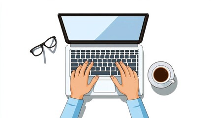 Hands Typing on Laptop with Coffee Cup on Desk,Productive Work Scene