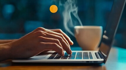 Hands Typing on Laptop with Coffee Cup on Desk,Productive Work Scene