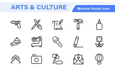 Arts and Culture Icon Set. High-quality icons for Museums, Music, Dance, Theater, Festivals, artistic Expression, Traditions, History, Crafts, and Creative Activities