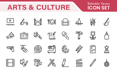 Arts and Culture Icon Set. High-quality icons for Museums, Music, Dance, Theater, Festivals, artistic Expression, Traditions, History, Crafts, and Creative Activities