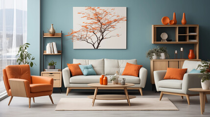 Modern Living Room Interior Beige Sofa Orange Armchairs Wooden Furniture