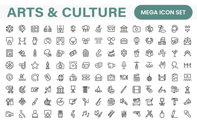 Arts and Culture Icon Set. High-quality icons for Museums, Music, Dance, Theater, Festivals, artistic Expression, Traditions, History, Crafts, and Creative Activities