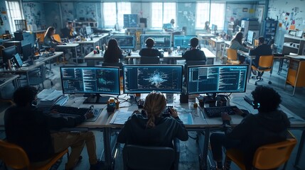 Multicultural student team deeply engaged in a collaborative computer based task with intense focus and dramatic chiaroscuro lighting in a vintage industrial classroom setting