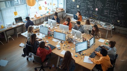 Diverse group of students working together on a computer based academic assignment in a warm vintage inspired classroom environment showcasing an inclusive academic atmosphere