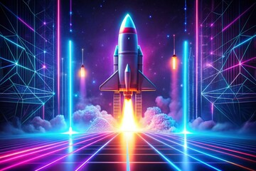 Fototapeta premium Illustration of rocket taking off, startup concept, background with neon lights. Generative AI