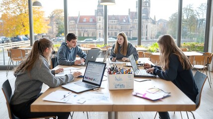 Group of diverse students working together on a school assignment using laptops and discussing ideas in a warm natural lit academic workspace with a loose ink and watercolor technique