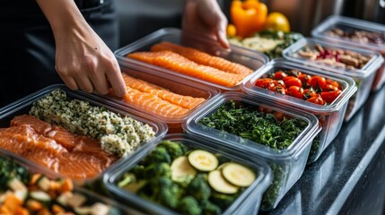 Obraz premium Meal Prep Mastery, individual arranging nutritious meal containers for the week, vibrant vegetables, lean proteins, balanced portions, kitchen setting