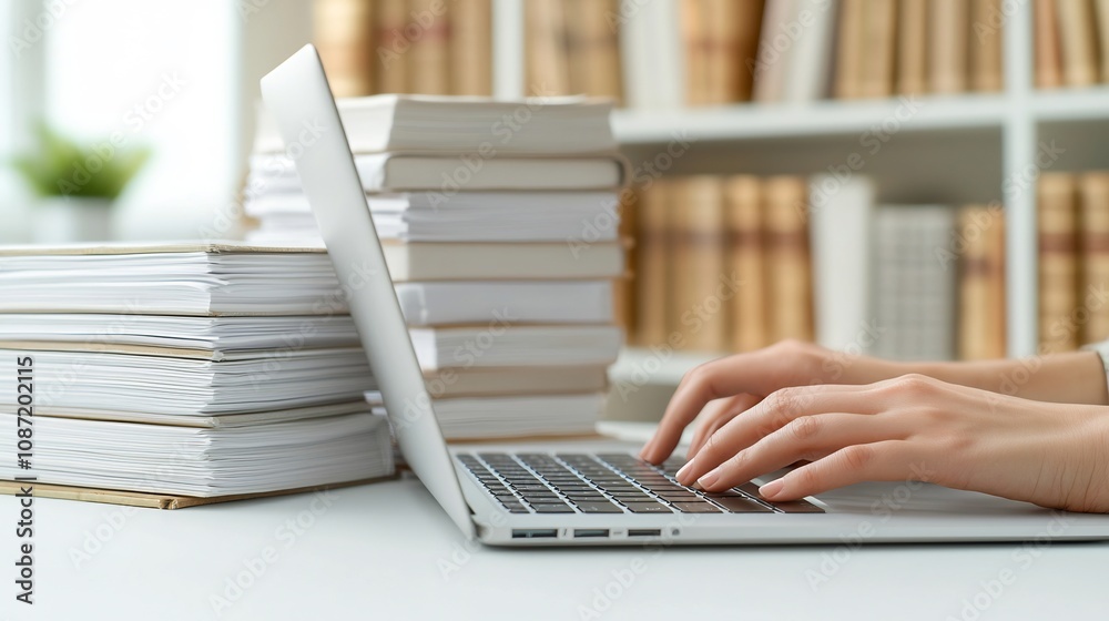 Poster close up of delicate fingers deftly striking laptop keys in a cozy renaissance inspired library work