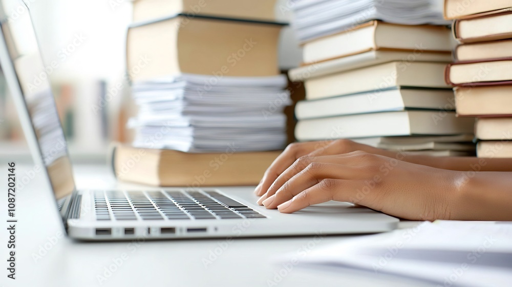 Poster Hands Typing Intently on Laptop Keyboard Surrounded by Books and Papers Creating a Renaissance Era Study Workspace Exuding Scholarly Productivity and