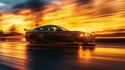 Black Sports Car Speeds Through Sunset Landscape