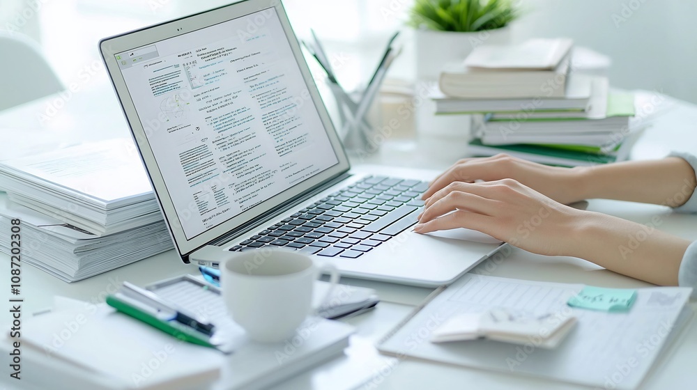 Poster closeup of focused hands typing rapidly on a laptop surrounded by piles of reference materials and o