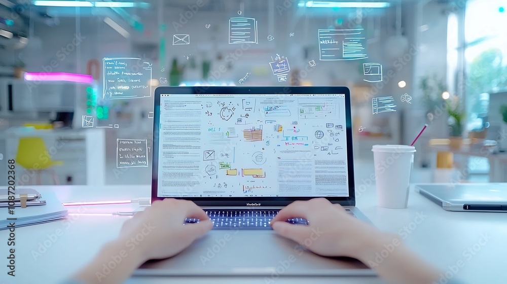 Poster hands immersed in the dynamic composition of typing on a laptop surrounded by academic texts and pap