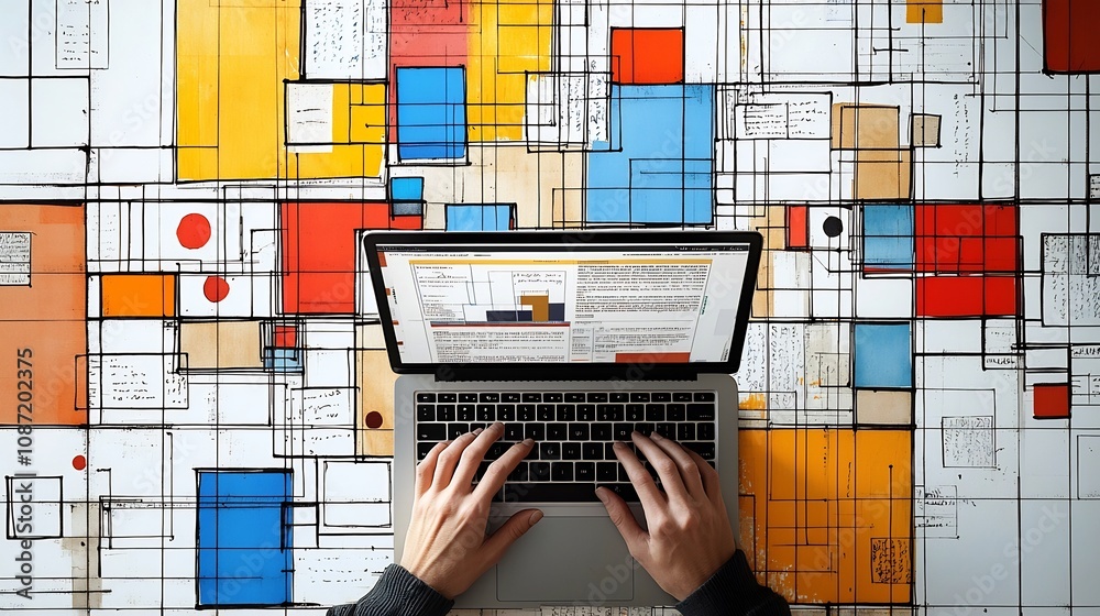 Poster Focused view of hands typing intently on a laptop surrounded by academic materials and resources representing a scholarly mind at work with a cubist fragmentation bold colors