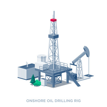 Onshore crude oil drilling derrick rig platform. Petrochemical heavy gasoline production industry. Flat isolated vector illustration on white background in isometric dimetric style.