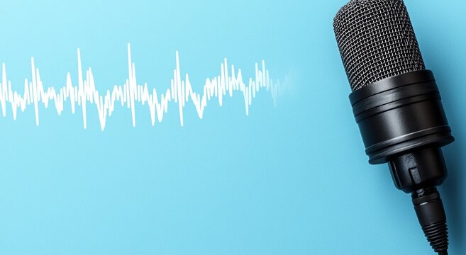 Microphone with Sound Waves on Blue Background, ideal for podcasting themes, featuring audio waveforms and space for text above.